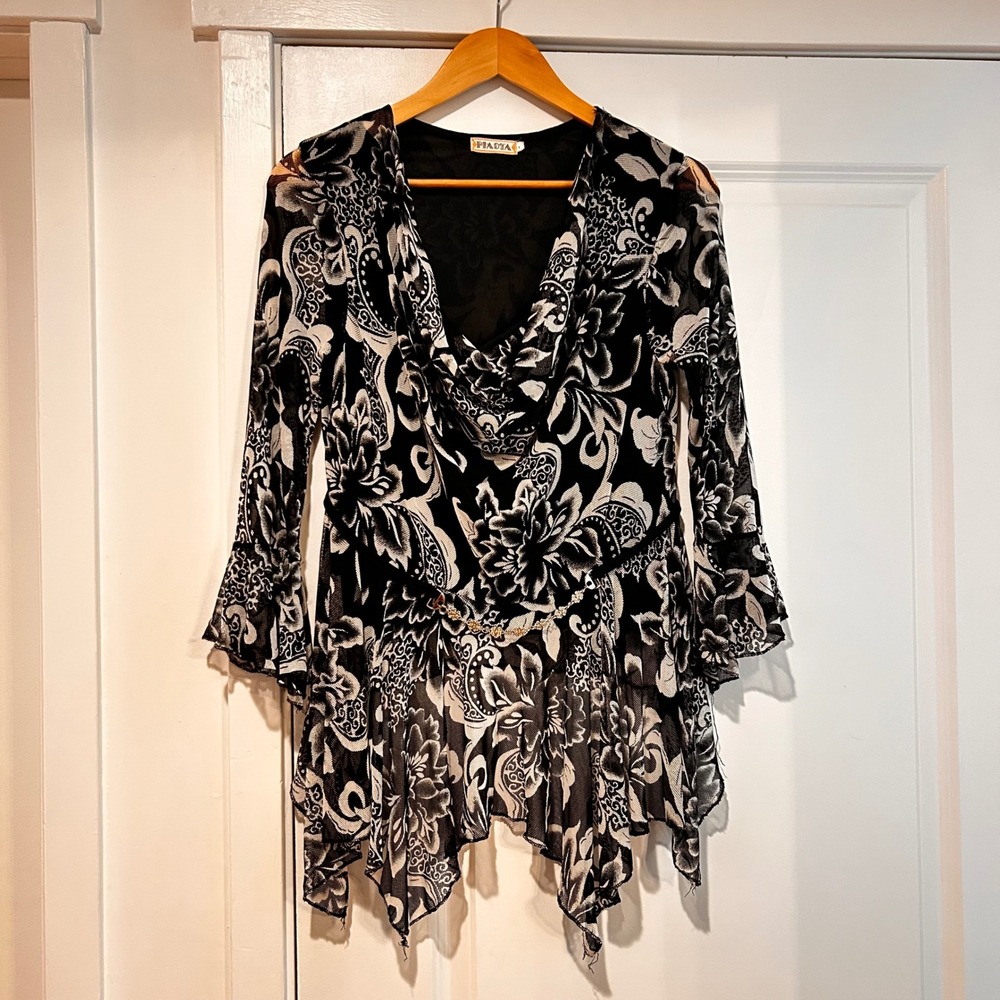 Piaoya Y2K Mesh Fairy Grunge Cowl Neck Flare Tunic Top Asymmetrical Womens Large